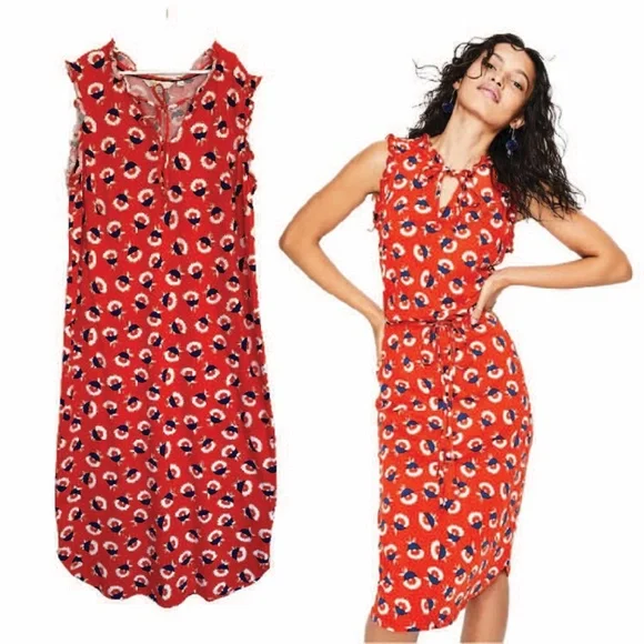 Boden | Dresses | Boden Lois Floral Jersey Knit Midi Dress Ruffle Trim Tie  Belt Red Orange Size 8r | Poshmark